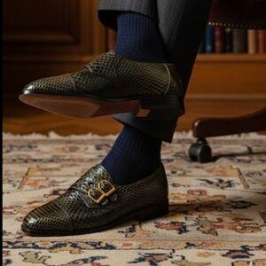 Giorgio Brutini Vintage Snakeskin Double Monk Strap Shoes Olive Green 6.5M 8.5W